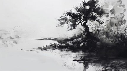 A wonderful landscape painting drawn in a completely simple way with ink.