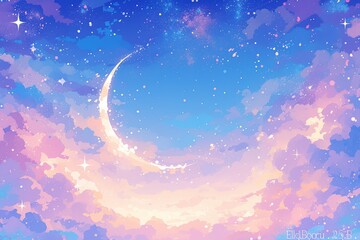 Watercolor and pastel colored clouds with moon and stars against a pink, purple and blue background