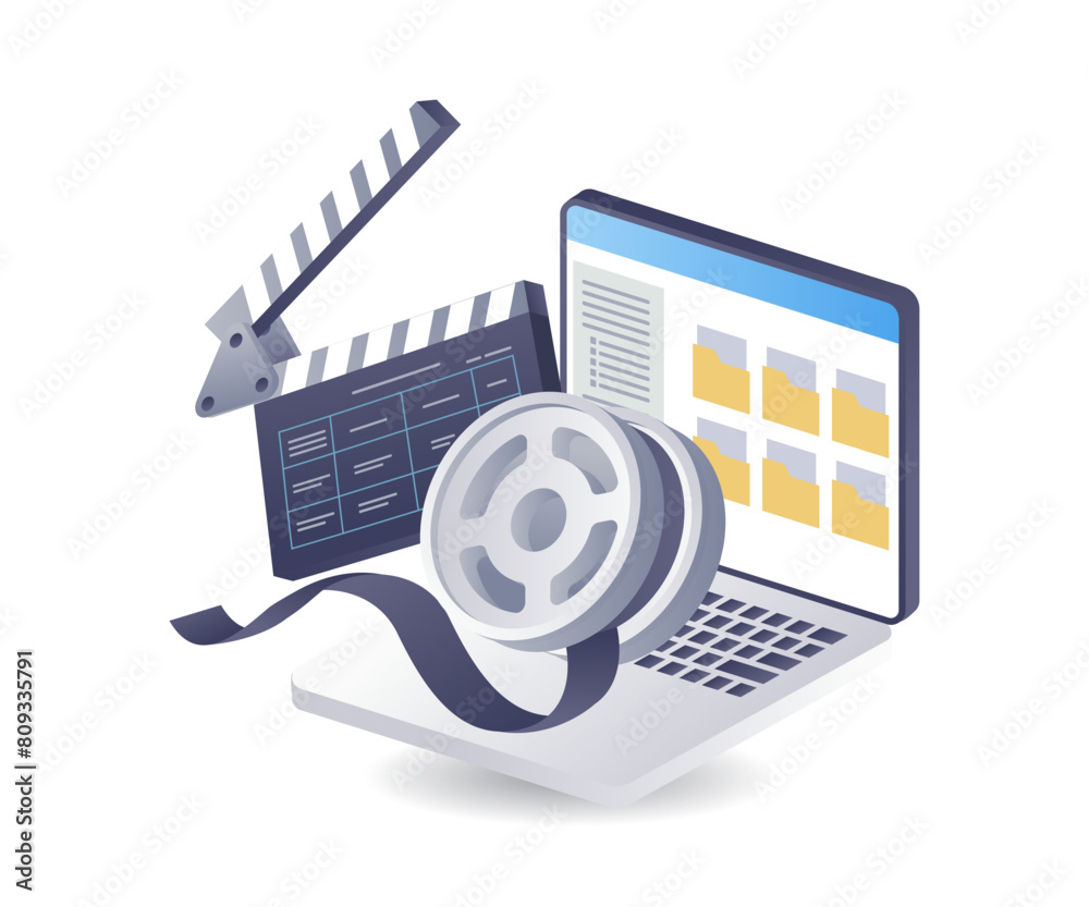 Aufkleber data folder video movie editing technology infographic 3d illustration flat isometric