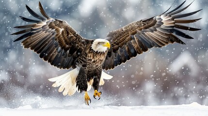 A white-tailed eagle spreads its wings and prepares to land on the snow. Photos of isolated birds in Hokkaido, Japan