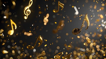 Gold musical notes flying in the air on black background with copy space. Group musical notes and...
