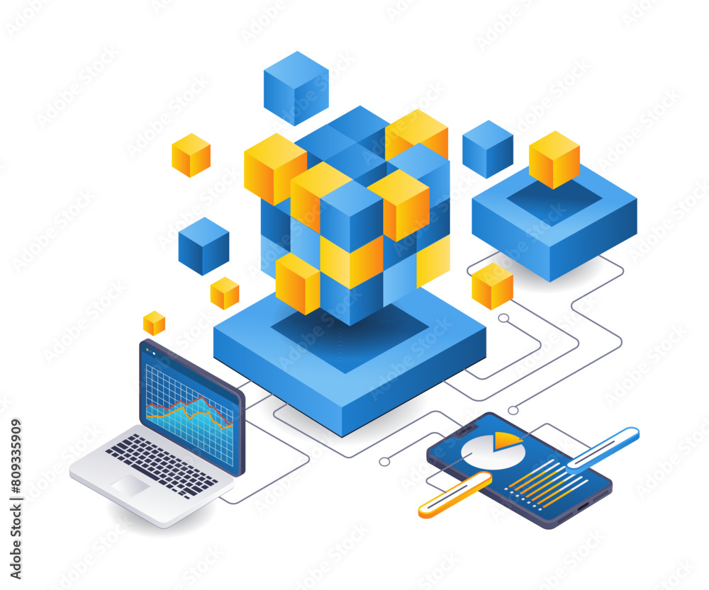 Poster data analysis blockchain technology business management illustration