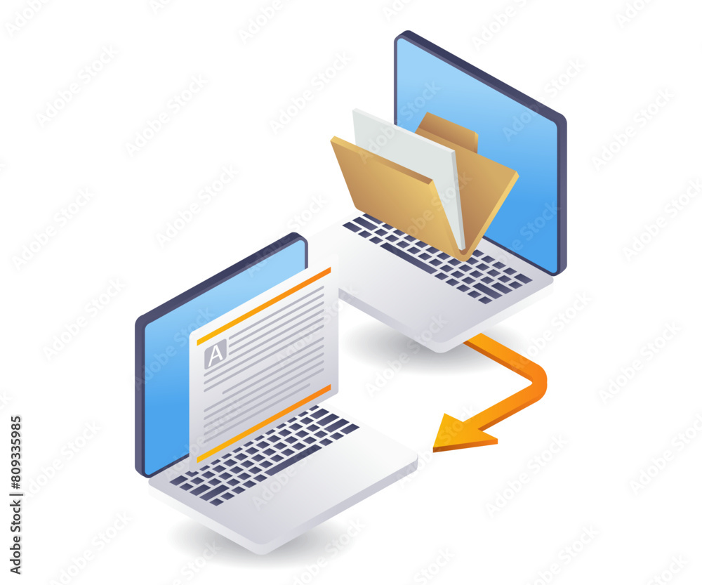 Aufkleber data transfer between computers technology infographics flat isometric 3d illustration