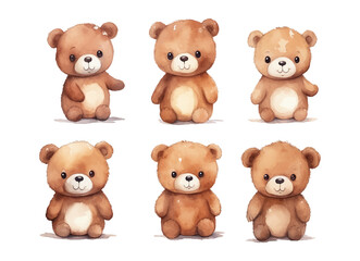 Set of 5 super cute brown teddy bear watercolor isolated on white background