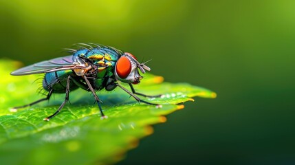 Macro photograph of a fly resting on a leaf