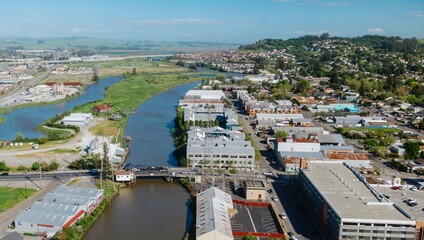 Downtown Petaluma and the petaluma river, California, United States of America.