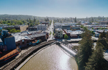 Downtown Petaluma and the petaluma river, California, United States of America.