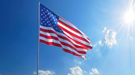 Fototapeta premium The American flag proudly waves against a vivid blue sky with the sun shining brightly, symbolizing freedom and patriotism.