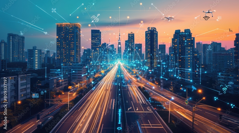 Wall mural smart city with connecting network and internet of things digital graphics over the skyline aig41