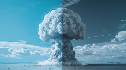 A mushroom cloud divided vertically half white and half blue,