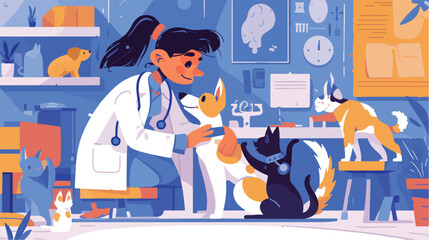 Smiling veterinarian examining dog and cat. Vet doc