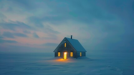 Small house in the middle of empty snow field.