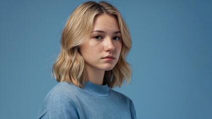 Fototapeta premium Portrait of a sad young blonde woman with acne