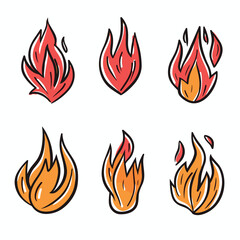 Set six cartoon fire flames, different shapes styles, vibrant colors. Handdrawn flame symbols, concept heat, danger, passion, graphic design elements. Fire icons collection, colorful, modern look