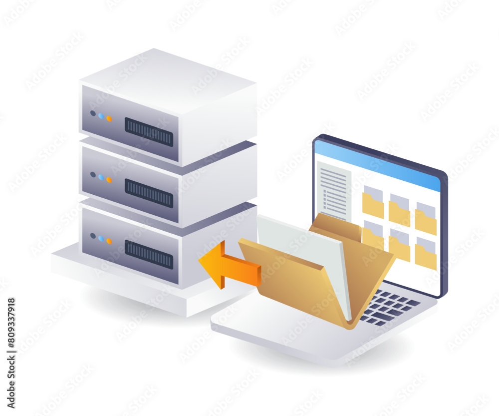 Poster Computer folder data with technology server infographic flat isometric 3d illustration