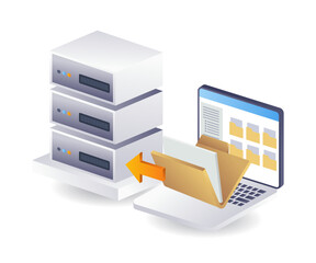 Computer folder data with technology server infographic flat isometric 3d illustration