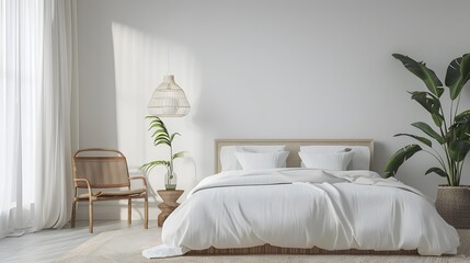 Minimal bedroom interior with Home decoration mock up. Cozy coastal stylish, furniture, comfortable bed, Modern design background 
