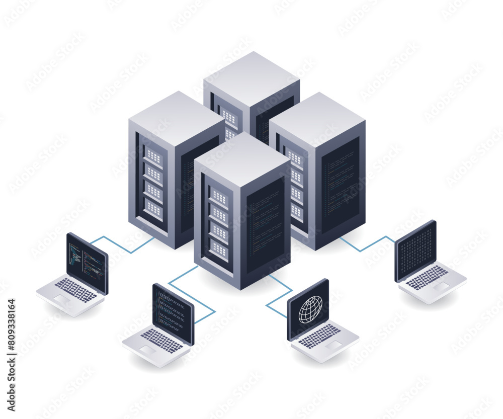 Wall mural computer data network server technology infographics flat isometric 3d illustration