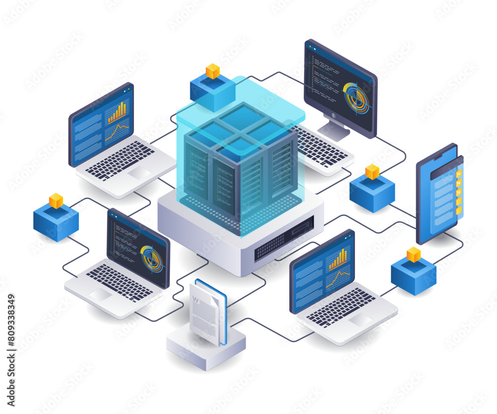 Sticker computer network server infographic 3d illustration flat isometric