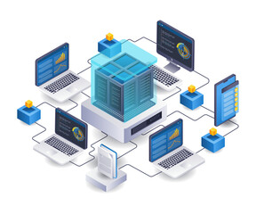 Computer network server infographic 3d illustration flat isometric