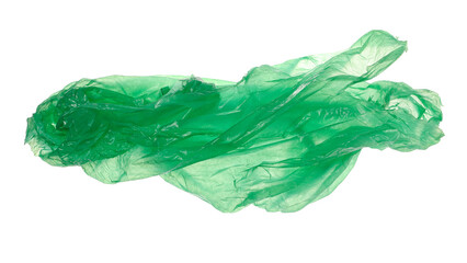 Green crumpled, ragged nylon piece flying, isolated on white, clipping path	