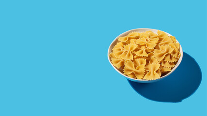 Uncooked bow tie pasta, farfalle in a white bowl on a vibrant blue background, perfect for culinary...