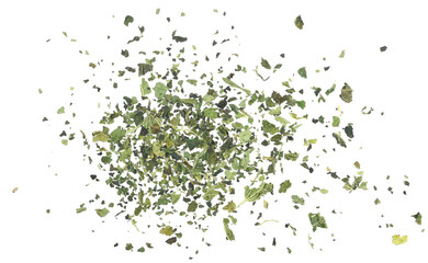 Dry cut, chopped nettle pile, tea isolated on white background, top view


