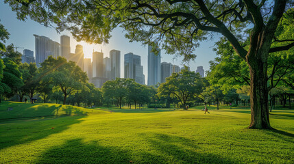 A serene sunset over a lush green park with modern skyscrapers in the background and a clear blue sky.