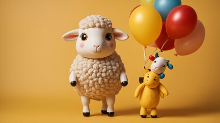 Fototapeta premium A cute and stylish small sheep and small cow hold a blank sign, against a green meadow background, offering a fun and playful concept for your message.