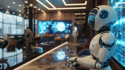Fototapeta premium A sophisticated robot in a high-tech office environment, depicting modern automation.