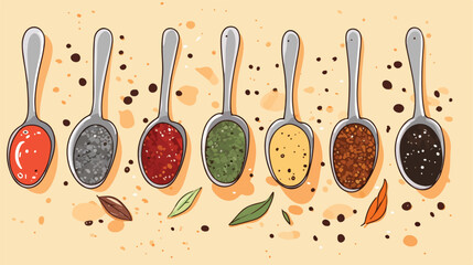 Spoons with different sauces and peppercorns on gru
