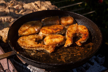 Pan frying or home cooking fish on the fire.