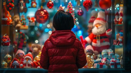 A child in a red jacket stares in wonder through a window filled with festive toys and decorations.