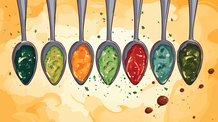 Spoons with different sauces and peppercorns on gru