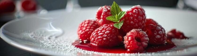 Dessert plate featuring raspberries artful presentation