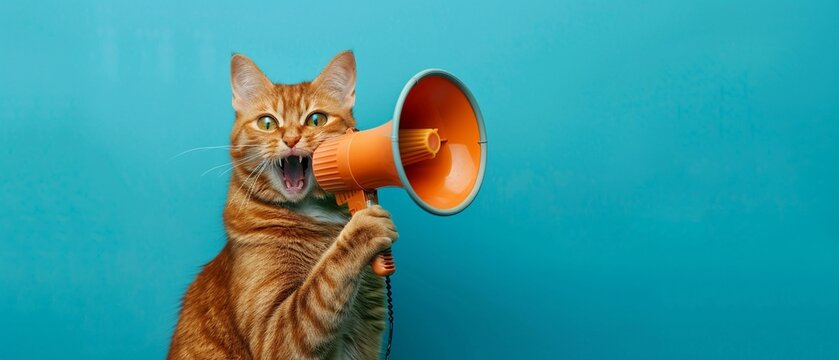 Ginger cat holding a megaphone blue background