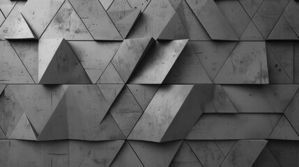 Geometric pattern of gray concrete wall background with triangles and cubes. Modern texture for architectural, interior design or industrial concept banner.