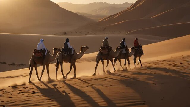 Riding camels through the desert are people dressed in traditional white oriental costumes.