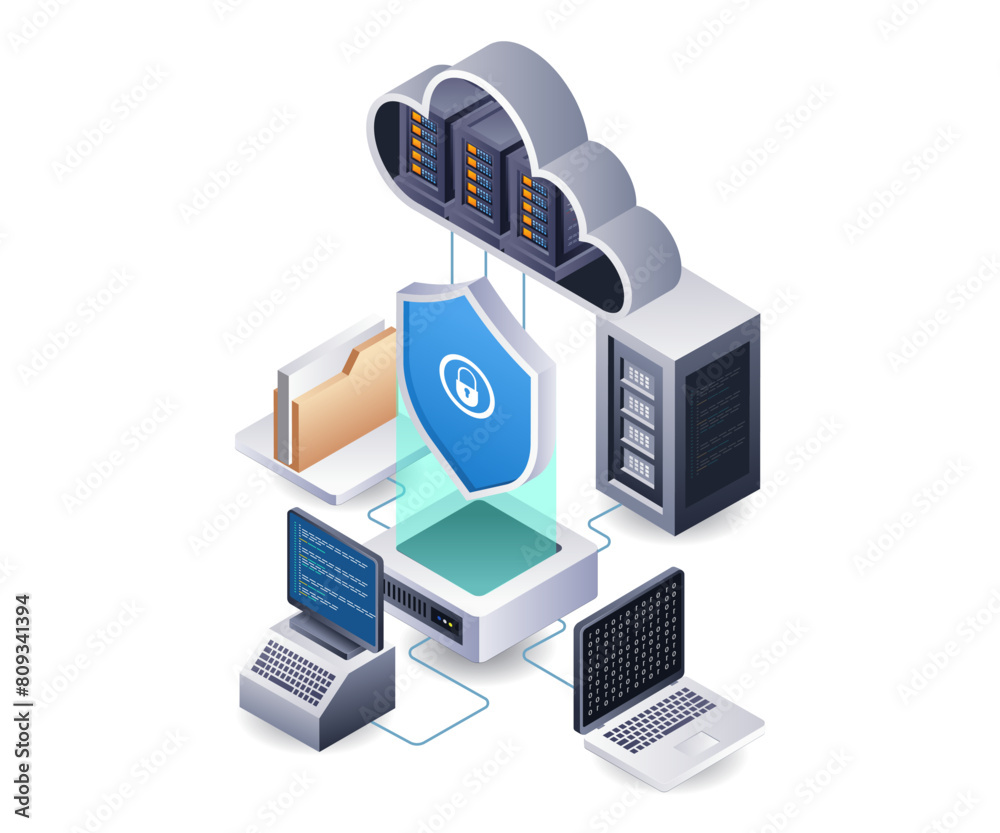 Poster cloud server security data center technology infographic 3d illustration flat isometric