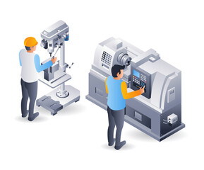 CNC lathe and drill machine operator, flat isometric 3d illustration infographic