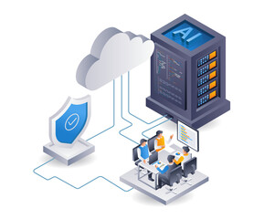 Cloud server security center team, infographic 3d illustration flat isometric