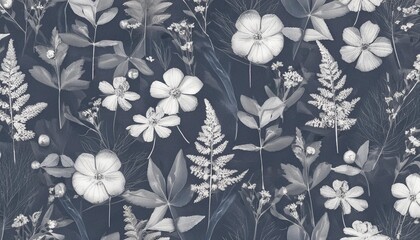 wild flowers and herbs navy blue seamless pattern