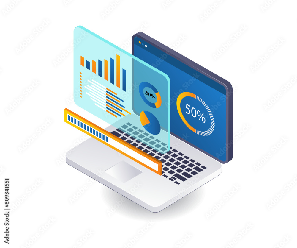 Aufkleber computer data analysis technology infographics 3d illustration flat isometric