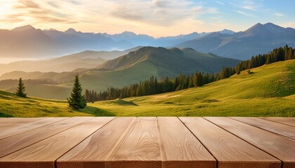 empty wood podium table in landscape nature mountains background blank minimal wooden stage for product display presentation design ai generate