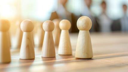 Wooden figurines on table, resembling team with leader, in sunny office setting
