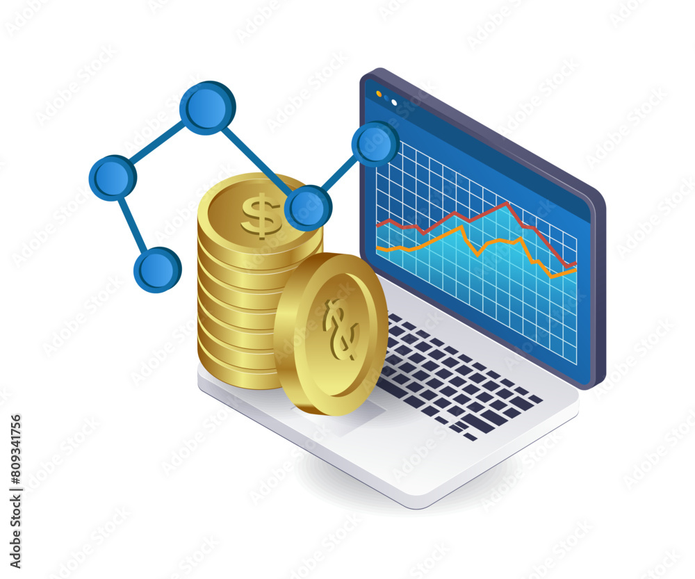 Aufkleber computer analysis of business development infographics flat isometric 3d illustration