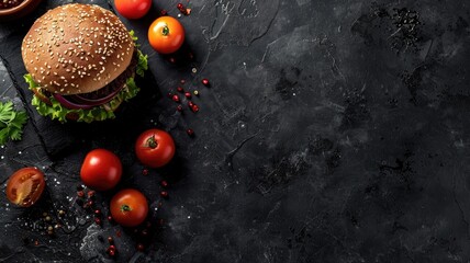 Fresh hamburger with tomatoes and spices on dark surface