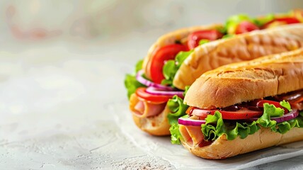 Two deli sandwiches with fresh vegetables on light surface