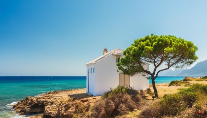 white cottage next to a lone tree at the sea