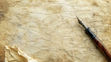 Vintage fountain pen on aged, crinkled paper